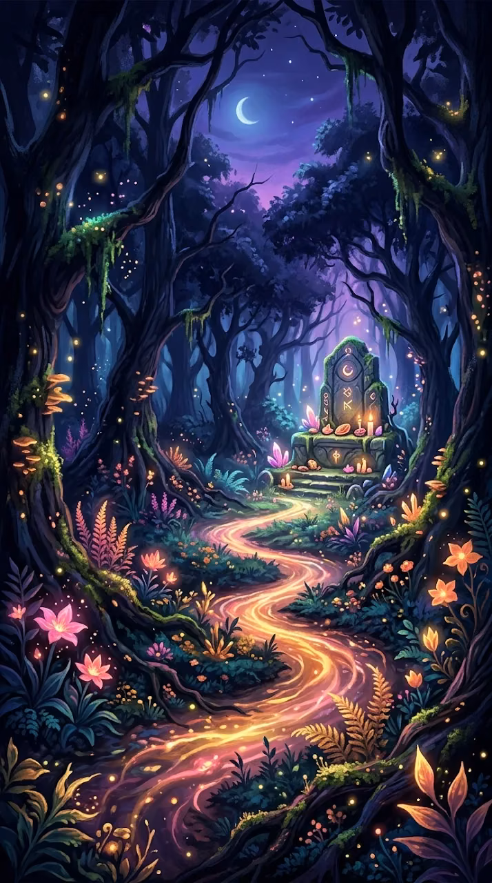 Mystical Forest at Twilight with Glowing Flora and Stone Altar - Free Mobile AMOLED Wallpaper Background