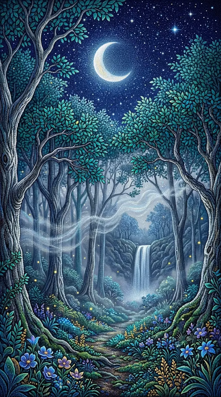 Mystical Forest Under Crescent Moon in Pointillism Style - Free Mobile AMOLED Wallpaper Background
