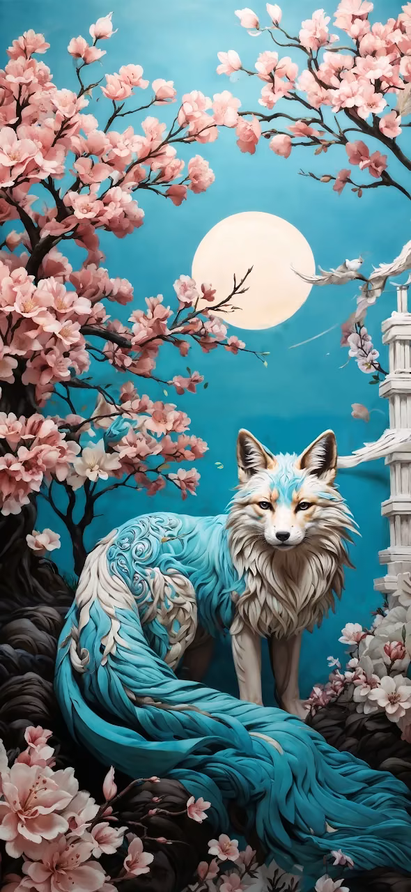Download Mystical Fox Amid Cherry Blossoms Under Full Moon Wallpaper in Mobile HD Mystical Fox Amid Cherry Blossoms Under Full Moon - Free Mobile AMOLED Wallpaper Background