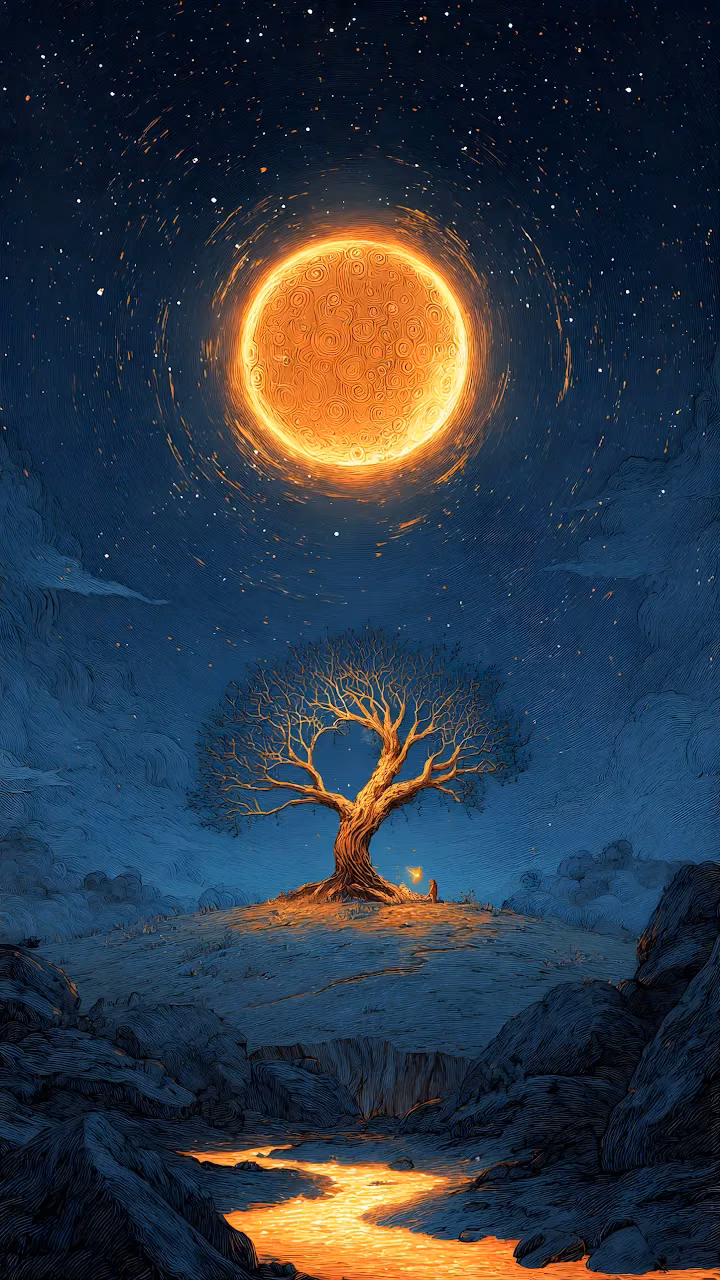 Mystical Glowing Tree Under Cosmic Orange Sun Engraving Style - Free Mobile AMOLED Wallpaper Background