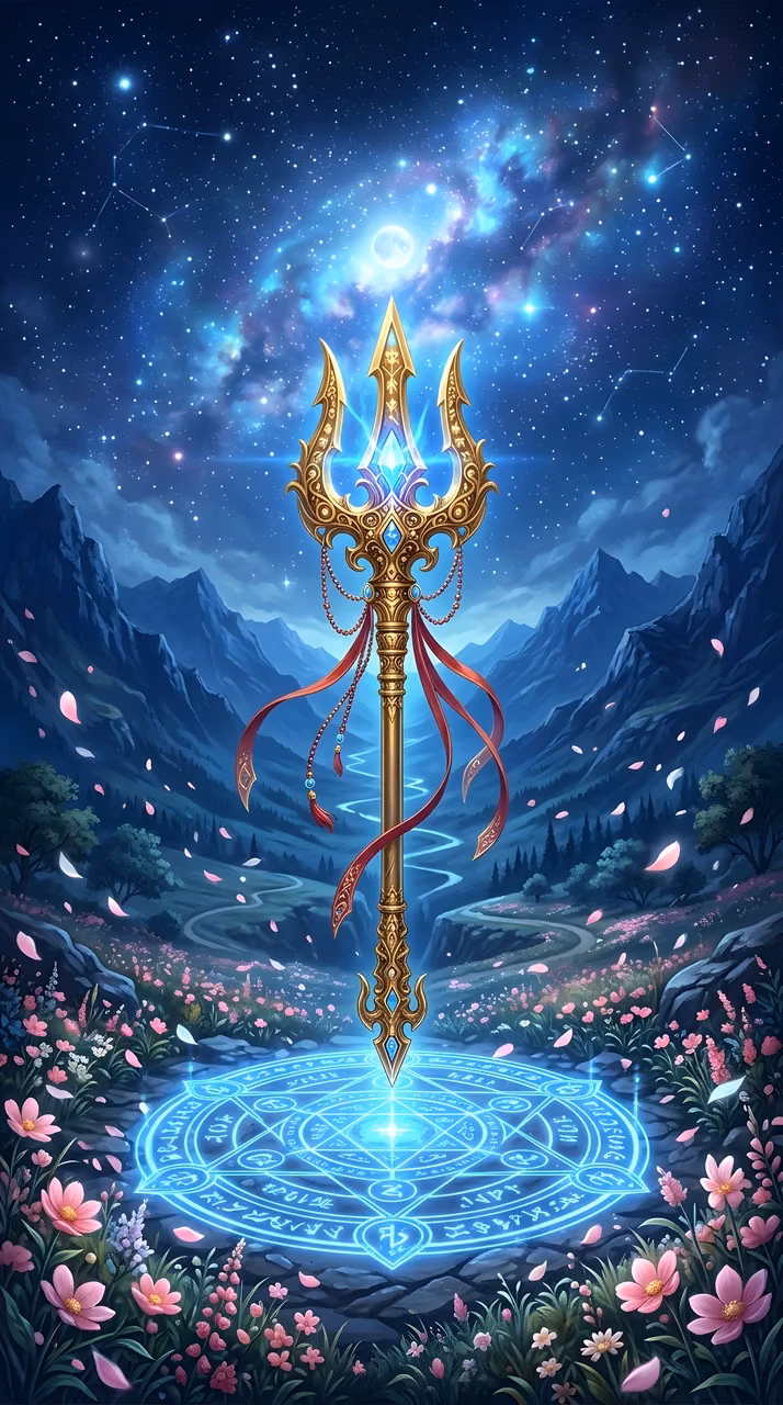 Download Mystical Glowing Trident in Celestial Landscape Wallpaper in Mobile HD Mystical Glowing Trident in Celestial Landscape - Free Mobile AMOLED Wallpaper Background