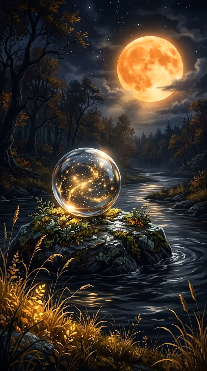 Mystical Illustration of a Crystal Ball on a Mossy Rock Under a Harvest Moon - Free Mobile AMOLED Wallpaper Background