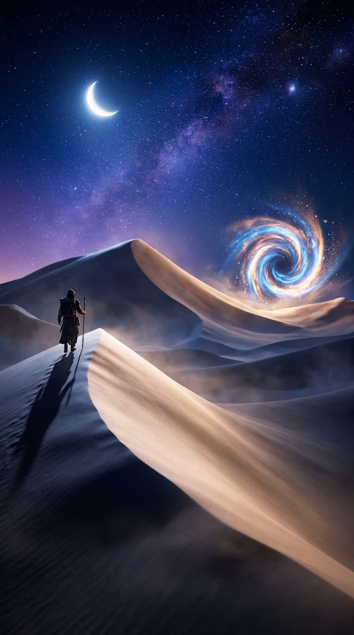 Download Mystical Moonlit Desert with Sand Vortex Portal Wallpaper in Mobile HD Mystical Moonlit Desert with Sand Vortex Portal - Free Mobile AMOLED Wallpaper Background