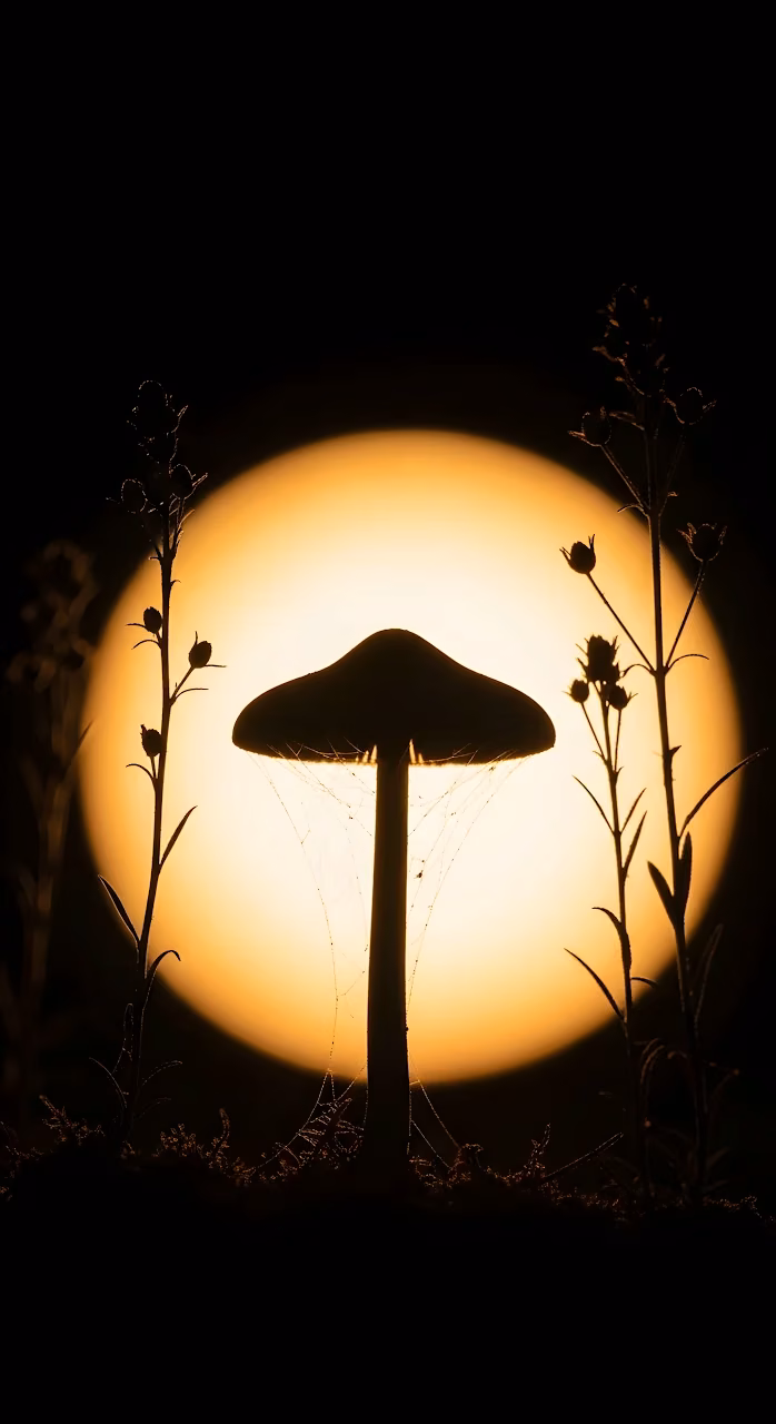 Mystical Mushroom Silhouette Against Giant Orange Moon - Free Mobile AMOLED Wallpaper Background