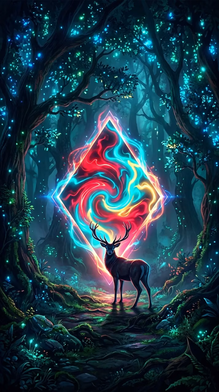 Mystical Neon Forest with Glowing Portal and Wild Deer - Free Mobile AMOLED Wallpaper Background