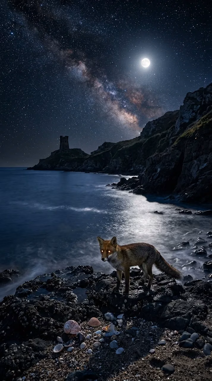 Mystical Nightscape of a Fox on a Rocky Cliff by the Ocean - Free Mobile AMOLED Wallpaper Background
