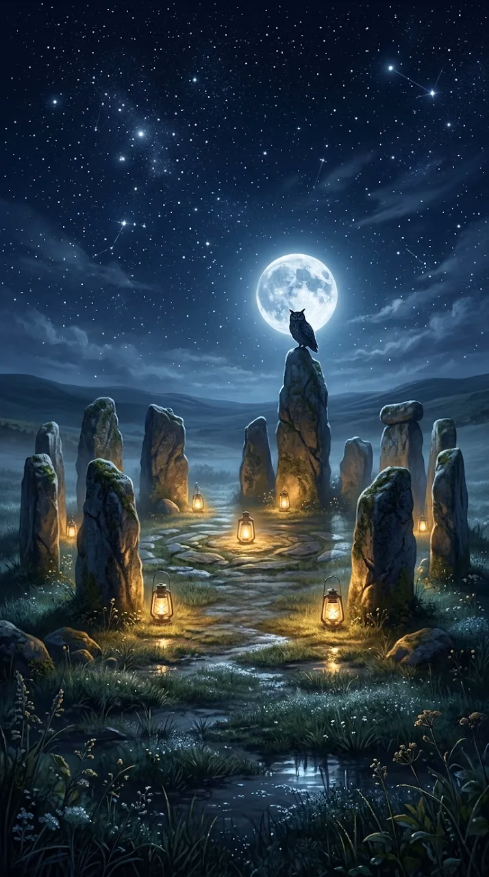 Mystical Nighttime Stone Circle with Lone Owl - Free Mobile AMOLED Wallpaper Background