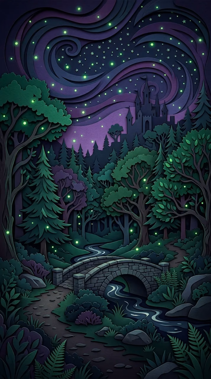 Mystical Paper-Cut Layered Forest Castle Twilight Wallpaper - Free Mobile AMOLED Wallpaper Background