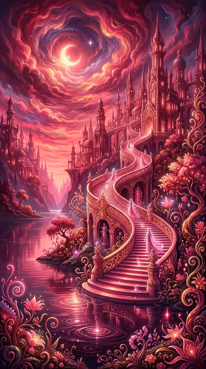 Download Mystical Pink Lake with Grand Staircase and Rococo Fantasy City Wallpaper in Mobile HD Mystical Pink Lake with Grand Staircase and Rococo Fantasy City - Free Mobile AMOLED Wallpaper Background