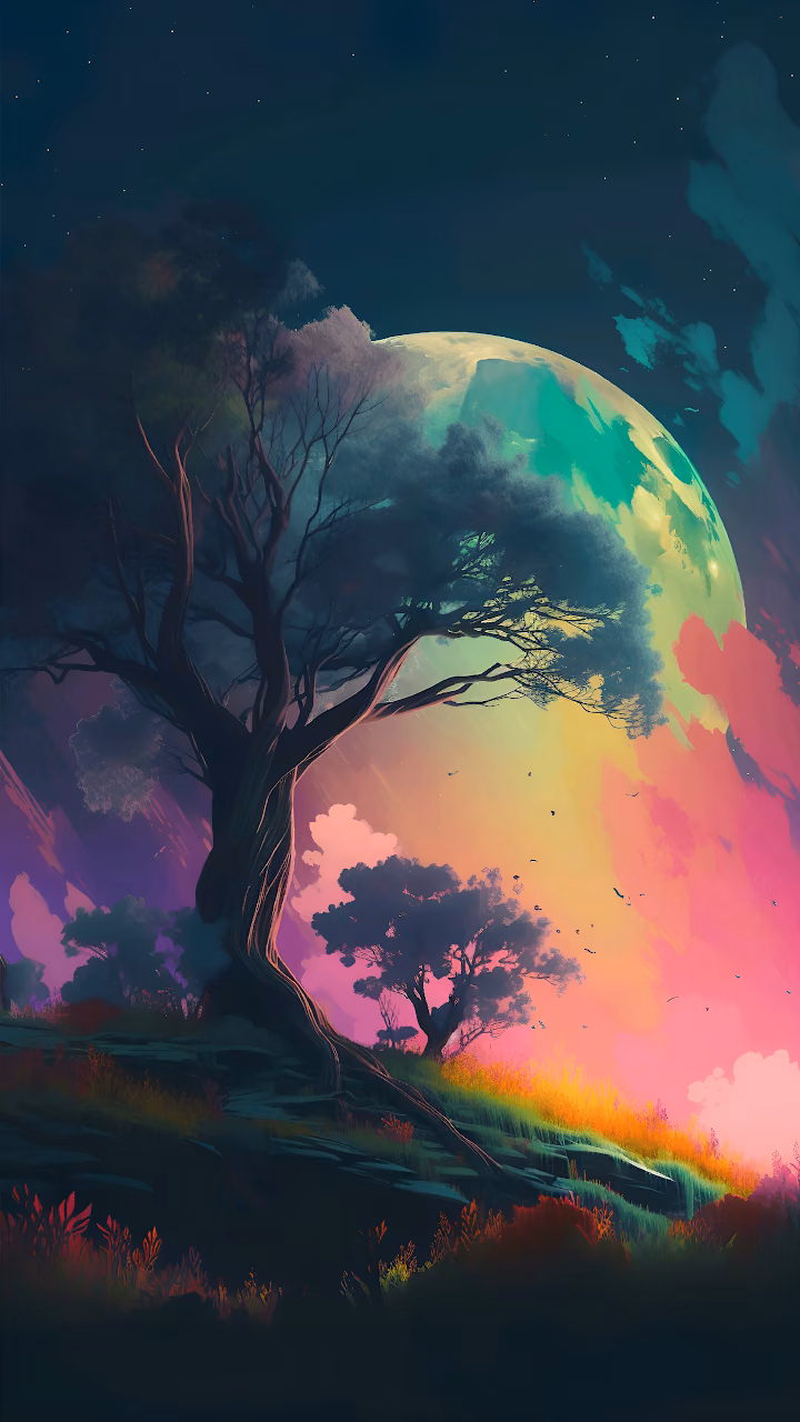 Mystical Tree Silhouette Against Vibrant Moon Sky - Free Mobile AMOLED Wallpaper Background
