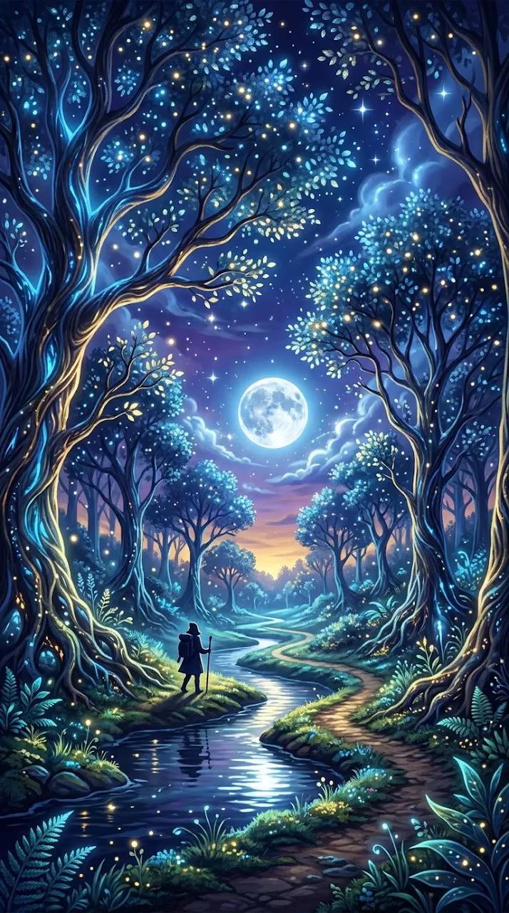Mystical Twilight Forest with Glowing Blue Gold Trees and Traveler - Free Mobile AMOLED Wallpaper Background