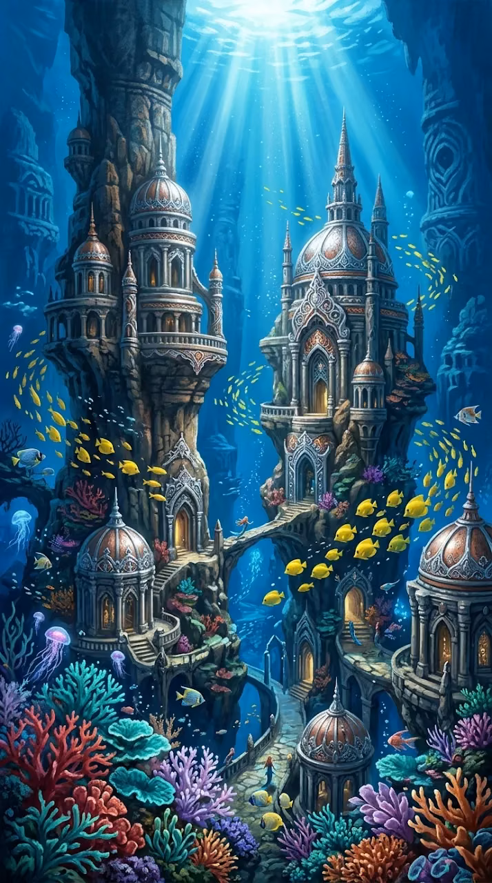 Mystical Underwater City with Asian Inspired Temple Architecture - Free Mobile AMOLED Wallpaper Background