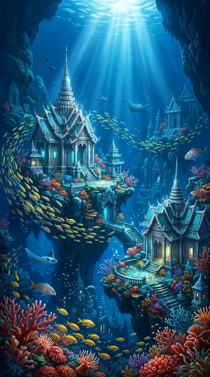 Mystical Underwater Kingdom with Asian Inspired Architecture - Free Mobile AMOLED Wallpaper Background