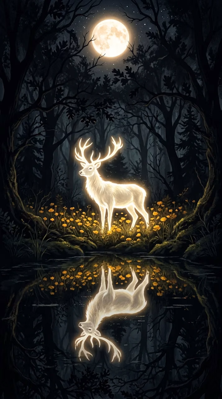 Mystical White Deer in Dark Forest with Moonlight Reflection - Free Mobile AMOLED Wallpaper Background