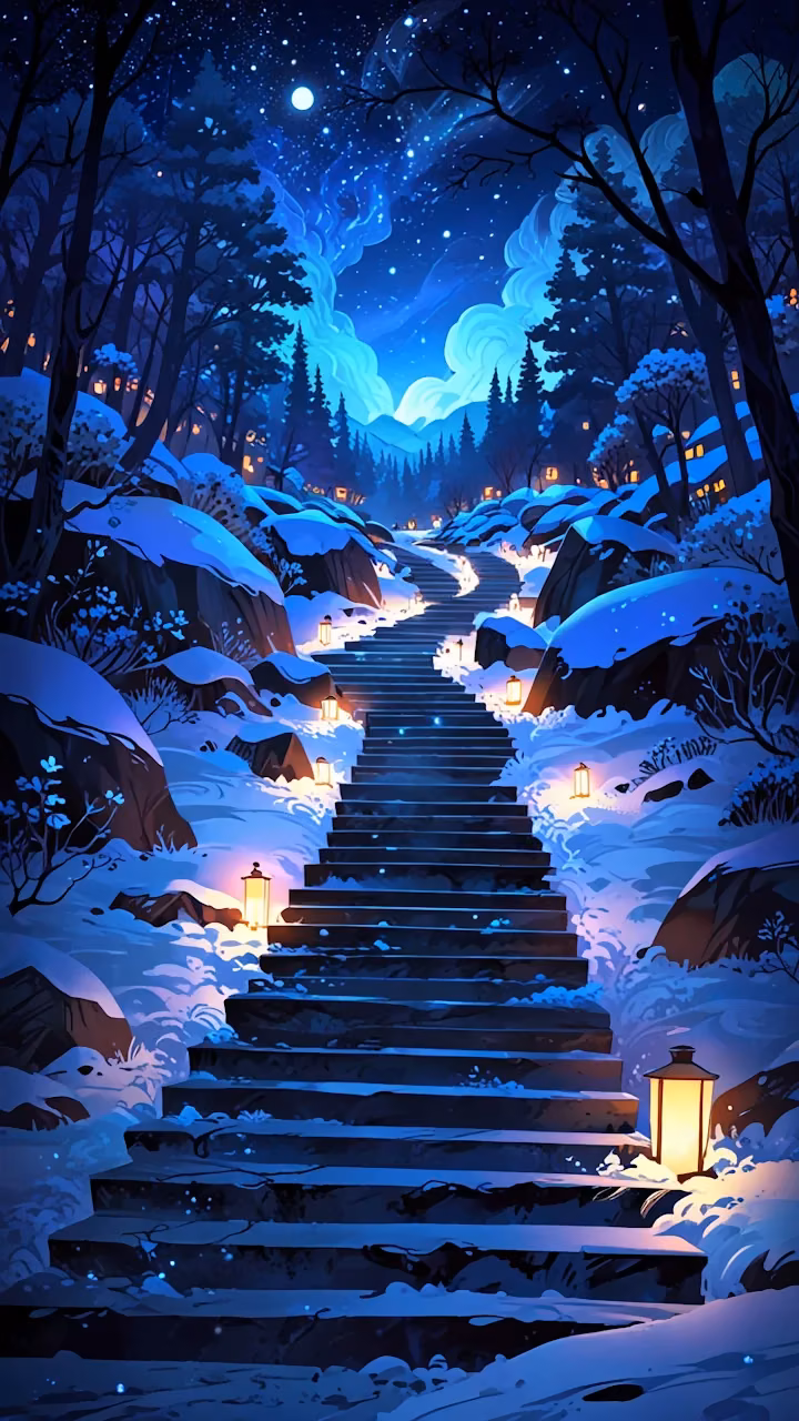 Download Mystical Winter Staircase Path Under Starry Blue Night Sky Wallpaper in 4K UHD Mystical Winter Staircase Path Under Starry Blue Night Sky - Free 4K Desktop Wallpaper Background