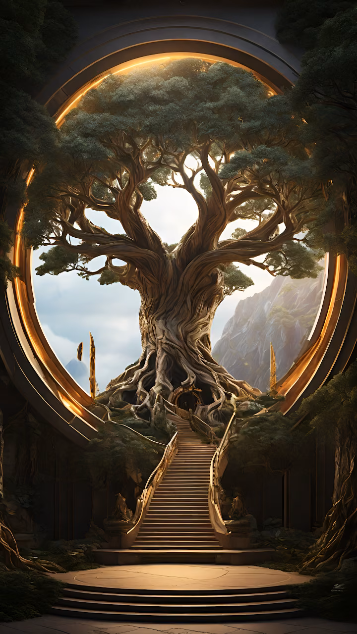 Download Mythical Ancient Tree of Life Golden Portal Wallpaper in Mobile HD Mythical Ancient Tree of Life Golden Portal - Free Mobile AMOLED Wallpaper Background