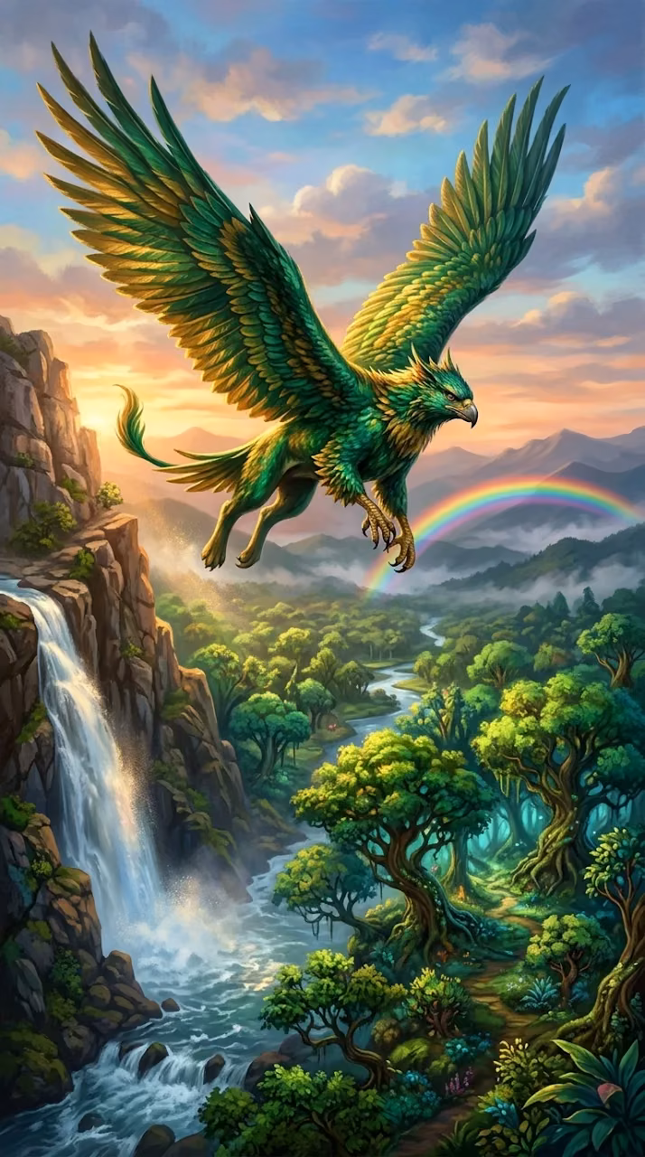 Mythical Griffin Flying Over Enchanted Forest and Waterfall - Free Mobile AMOLED Wallpaper Background