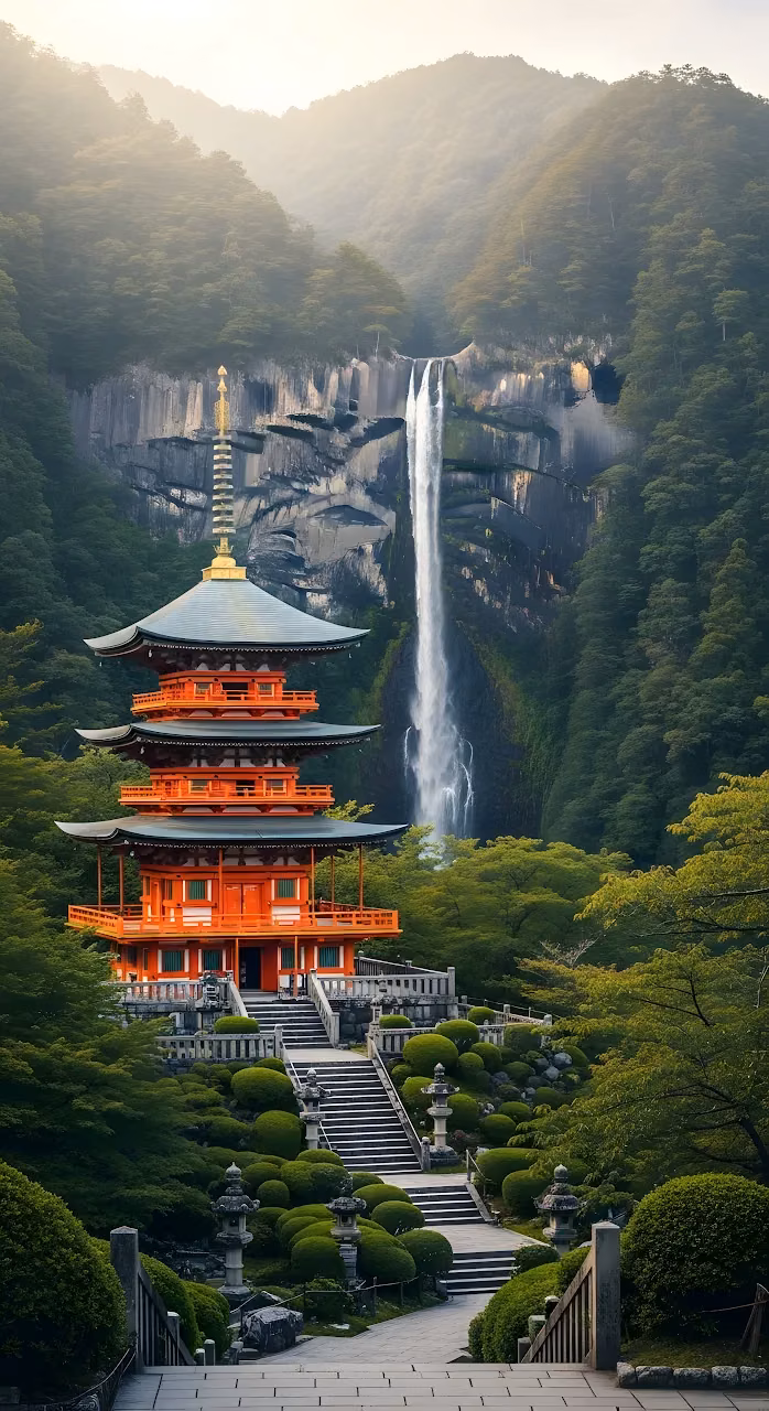 Nachi Falls and Seiganto-ji Pagoda in Kumano Kodo - Free Mobile AMOLED Wallpaper Background