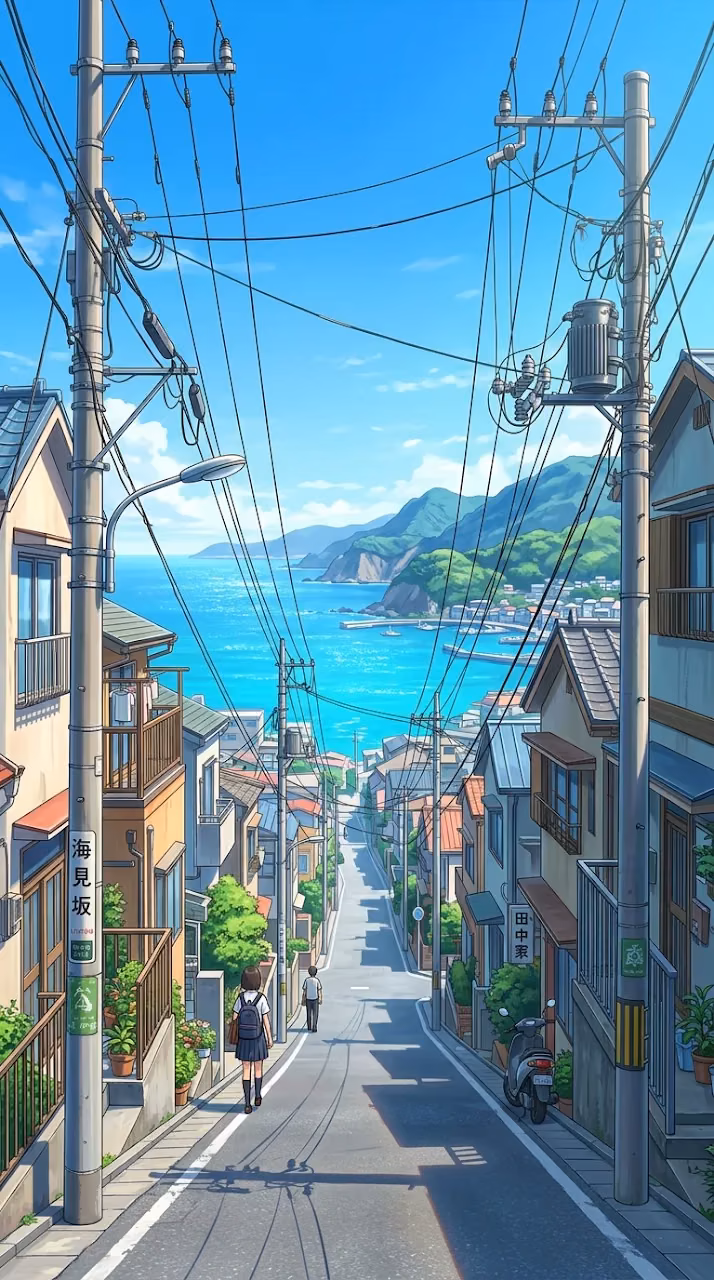 Narrow Downhill Street Leading to the Blue Ocean - Free Mobile AMOLED Wallpaper Background