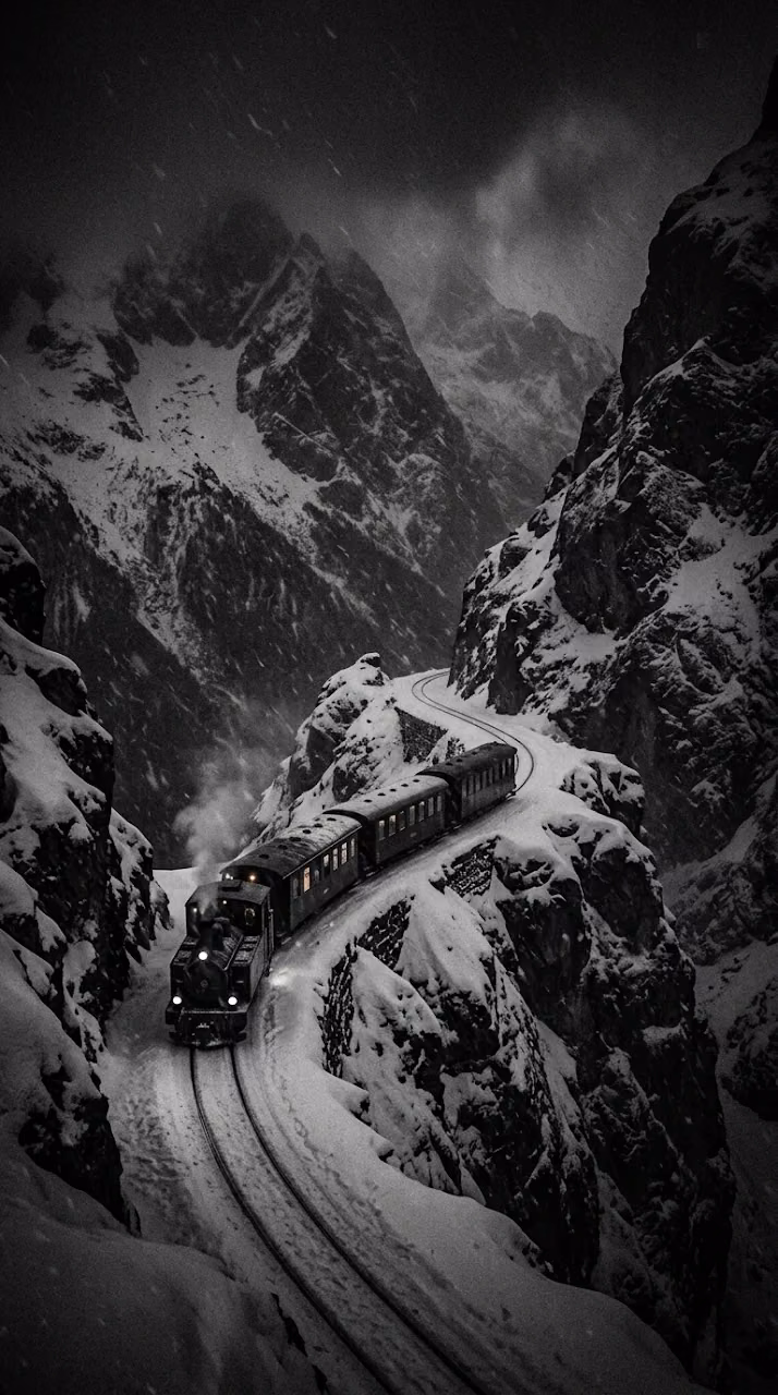 Narrow Train in Snow Cliffs Blizzard Night Wallpaper - Free Mobile AMOLED Wallpaper Background
