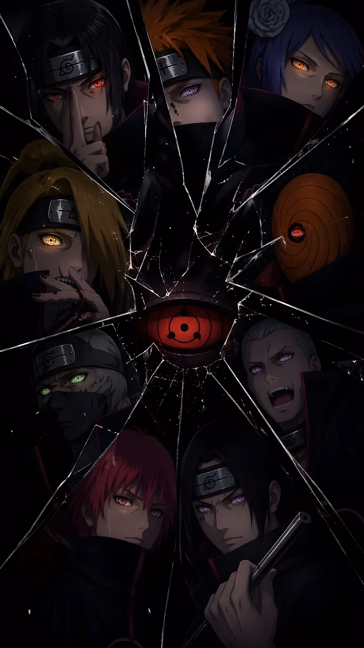 Download Akatsuki Shards Sharingan Eye Naruto 4K Wallpaper in Mobile HD Anime artwork showing Akatsuki members like Itachi, Pain, and Tobi in glass shards around a Sharingan eye.