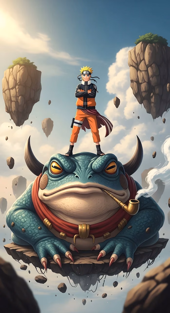 Naruto Standing on Giant Toad, Floating Islands Fantasy - Free Mobile AMOLED Wallpaper Background