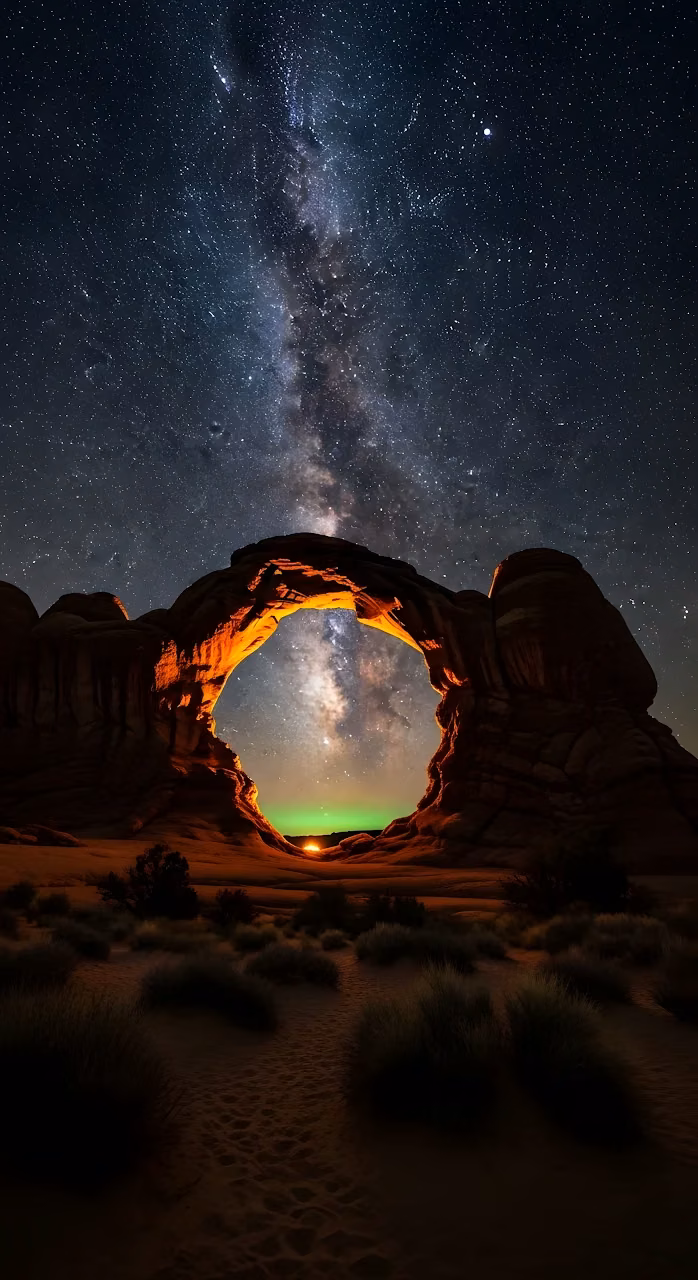 Natural Rock Arch Framing the Milky Way Galaxy at Night - Free Mobile AMOLED Wallpaper Background