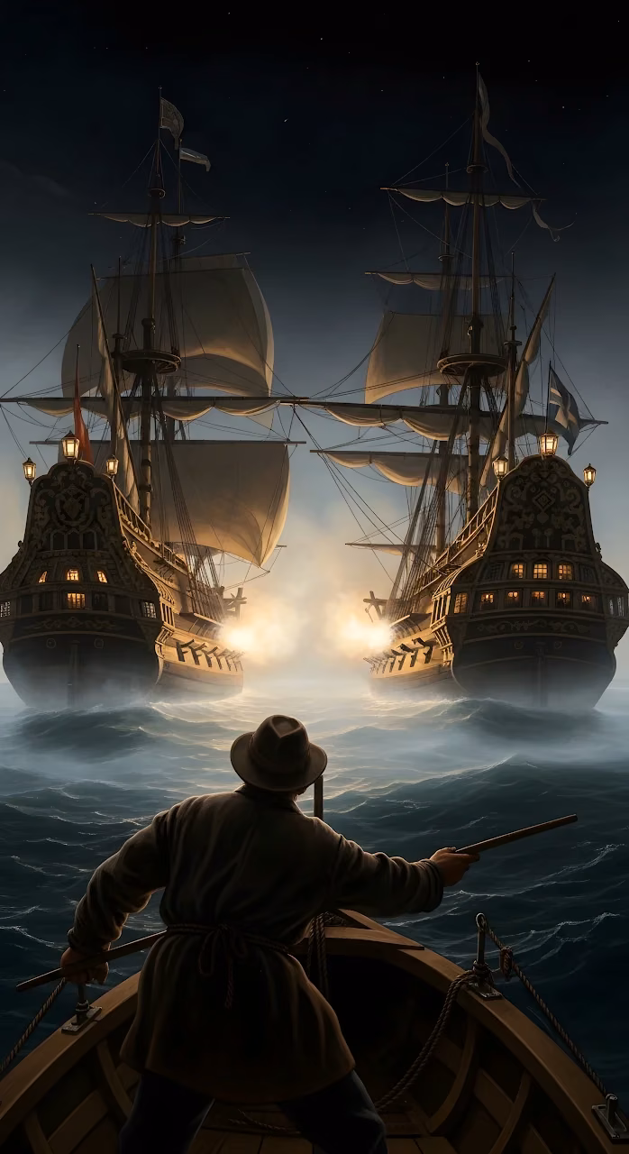 Naval Battle at Night from Small Boat Perspective - Free Mobile AMOLED Wallpaper Background