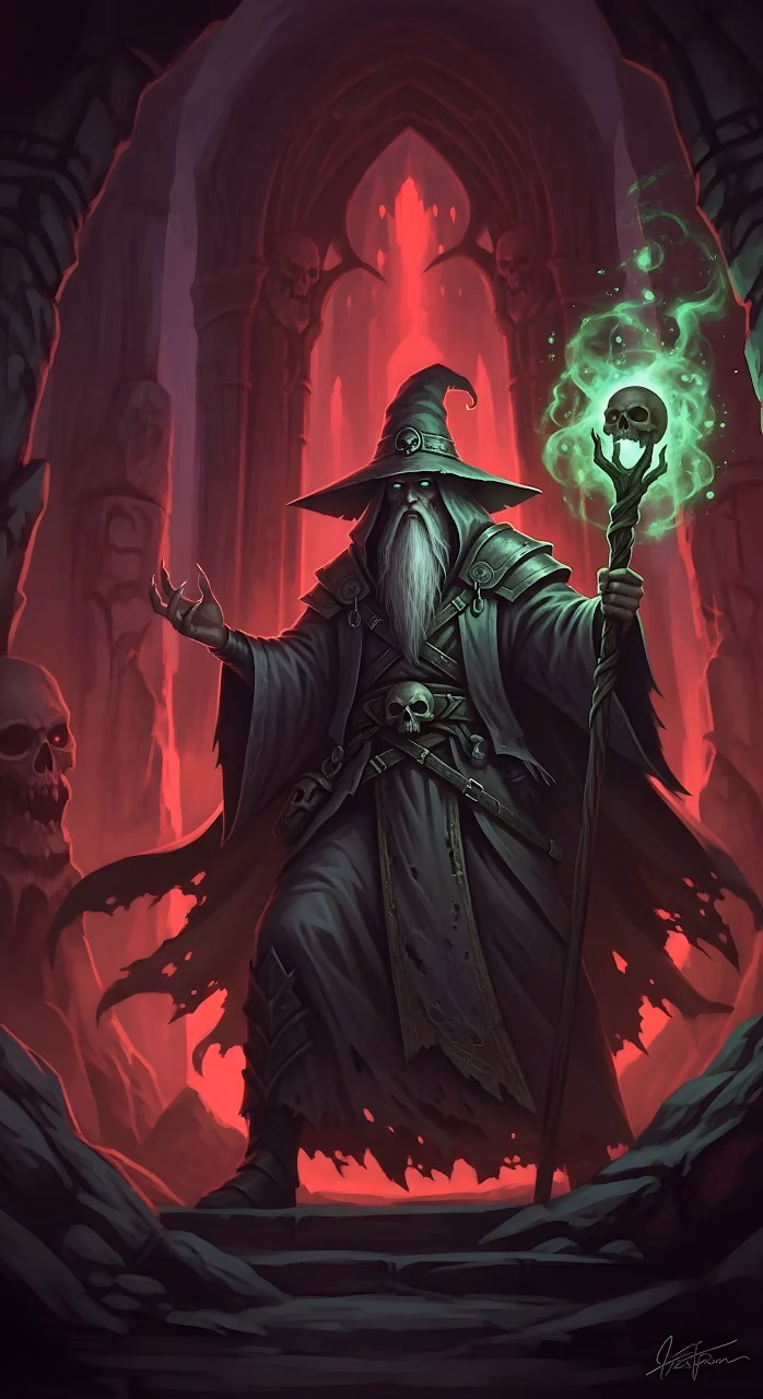 Necromancer Wizard in Red Gothic Crypt with Green Magic Staff - Free Mobile AMOLED Wallpaper Background