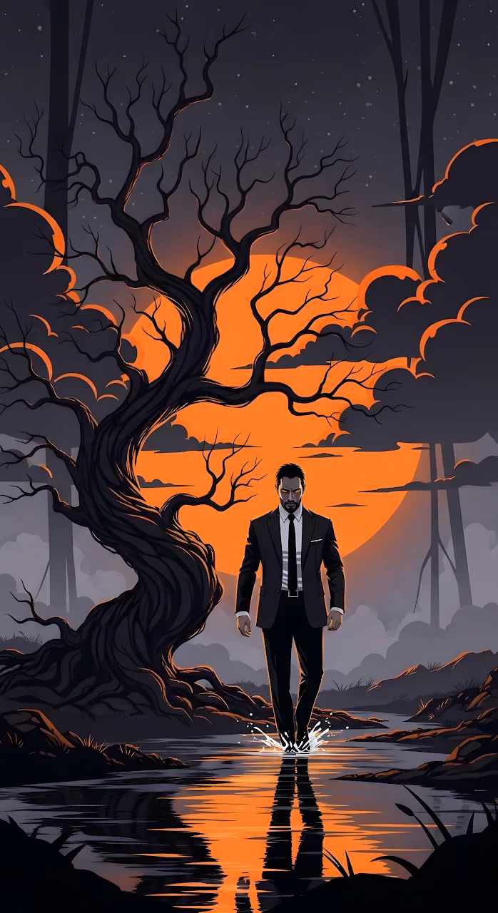 Neo Noir Man Walking Through Water Under Orange Moon Art - Free Mobile AMOLED Wallpaper Background