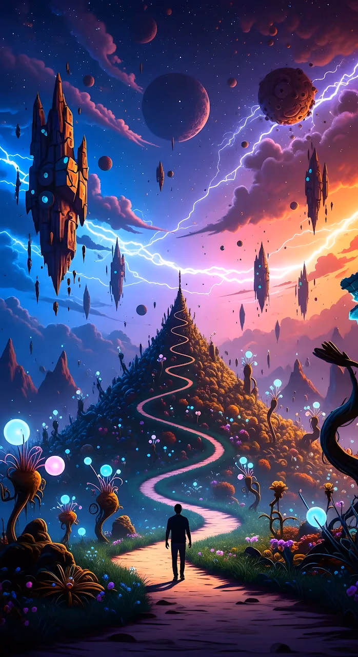 Neon Alien World Ascent with Floating Structures - Free Mobile AMOLED Wallpaper Background
