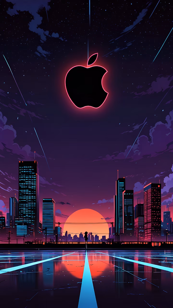 Download Neon Apple Logo Over Retro Synthwave City Skyline Wallpaper in Mobile HD Neon Apple Logo Over Retro Synthwave City Skyline - Free Mobile AMOLED Wallpaper Background