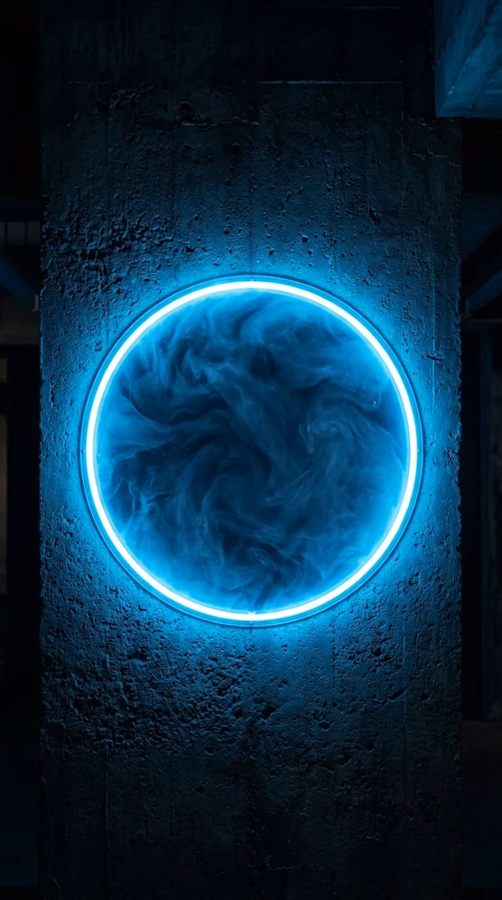 Neon Blue Circular Light on Dark Textured Concrete Wall - Free Mobile AMOLED Wallpaper Background
