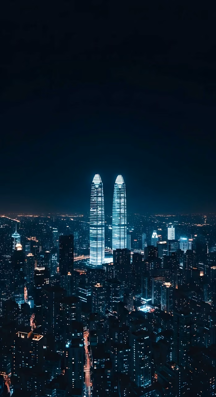 Download Neon Blue Cityscape with Illuminated Twin Towers Wallpaper in Mobile HD Neon Blue Cityscape with Illuminated Twin Towers - Free Mobile AMOLED Wallpaper Background