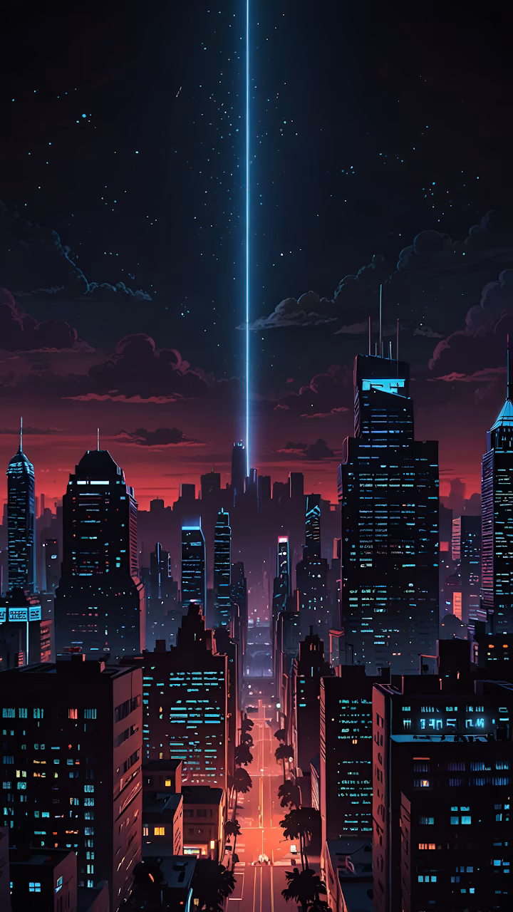 Neon Blue Light Beam Rising from Dark Retro City Skyline - Free Mobile AMOLED Wallpaper Background