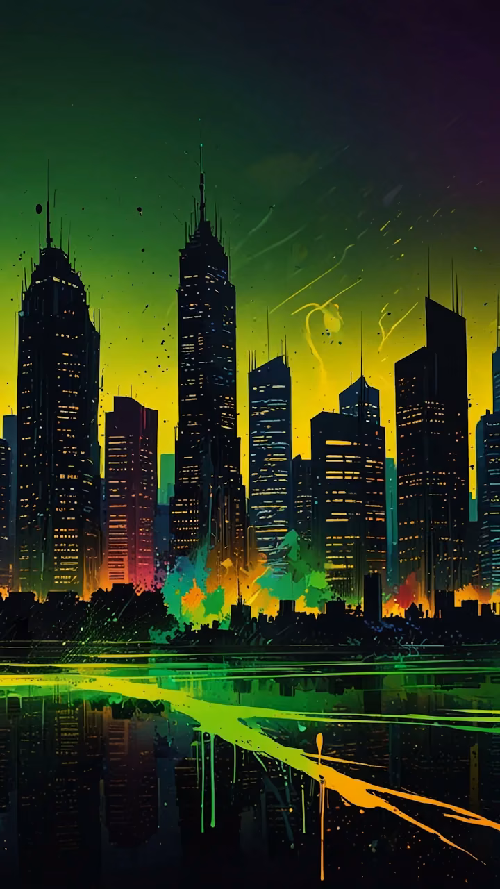 Neon city skyline glows with green and yellow under dark sky - Free Mobile AMOLED Wallpaper Background