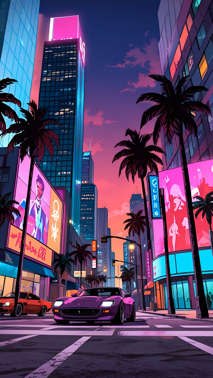 Download Neon City Street at Dusk with Pink Sports Car and Palm Trees Wallpaper in Mobile HD Neon City Street at Dusk with Pink Sports Car and Palm Trees - Free Mobile AMOLED Wallpaper Background