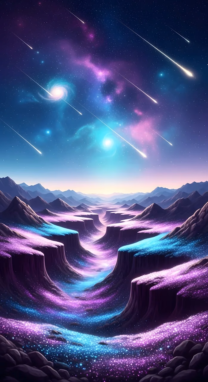 Neon Cosmic Canyon Under Shooting Star Nebula Sky - Free Mobile AMOLED Wallpaper Background
