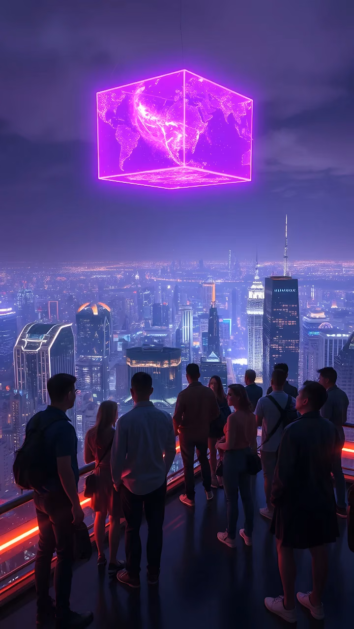 Neon Cube Projection Over Futuristic City Skyline at Night - Free Mobile AMOLED Wallpaper Background