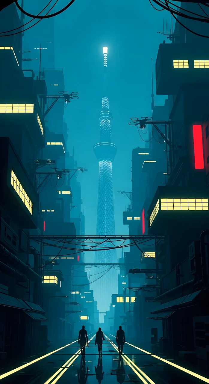 Neon Cyan Cyberpunk Alley with Distant Glowing Tower - Free Mobile AMOLED Wallpaper Background