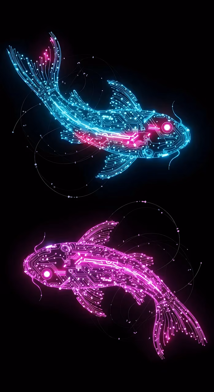 Download Neon Cybernetic Koi Fish Circuit Board Design on Black Wallpaper in Mobile HD Neon Cybernetic Koi Fish Circuit Board Design on Black - Free Mobile AMOLED Wallpaper Background