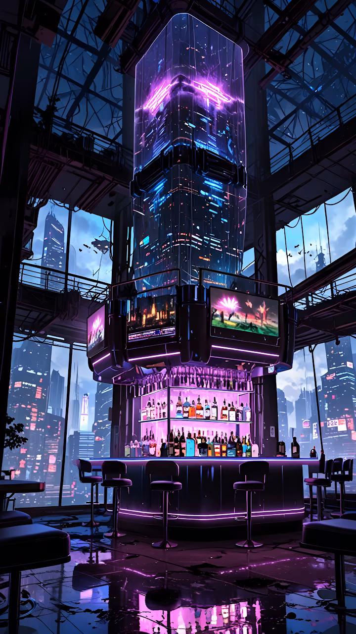 Neon Cyberpunk Bar Interior City View Purple Aesthetics - Free Mobile AMOLED Wallpaper Background