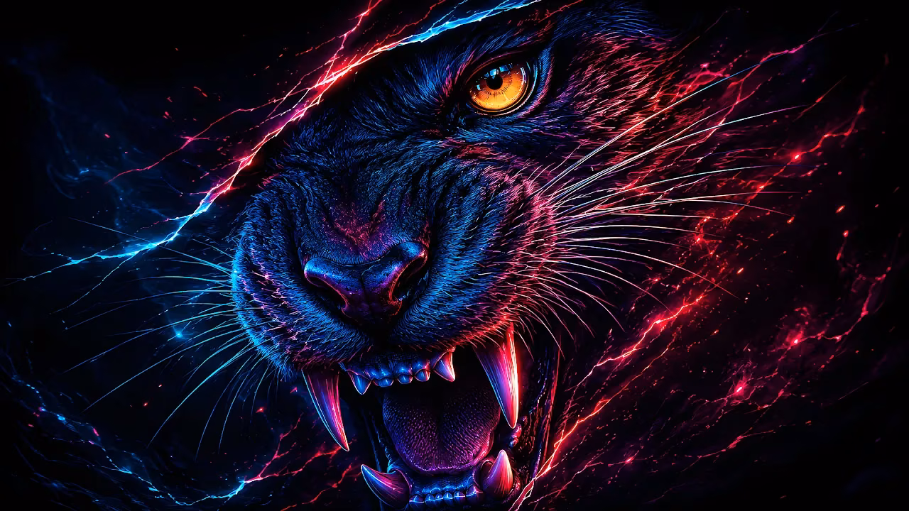 Download Neon Cyberpunk Black Panther Roar 4K Wallpaper in 4K UHD Digital art of a roaring black panther with glowing yellow eyes, sharp teeth, and neon red and blue energy lines.