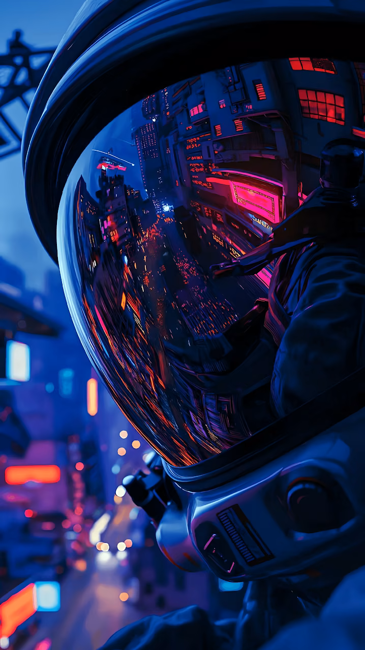 Download Neon Cyberpunk City Reflection in Astronaut Visor Close Up Art Wallpaper in Mobile HD Neon Cyberpunk City Reflection in Astronaut Visor Close Up Art - Free Mobile AMOLED Wallpaper Background