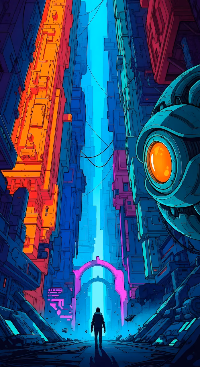 Neon Cyberpunk Cityscape Vertical Sci Fi Illustration - Free Mobile AMOLED Wallpaper Background
