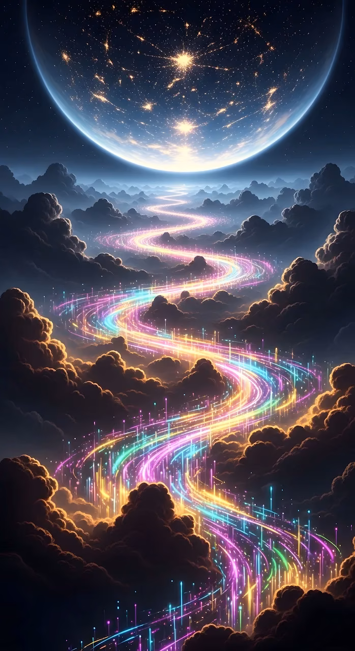 Neon Data Stream River Flowing Through Cosmic Night Clouds - Free Mobile AMOLED Wallpaper Background