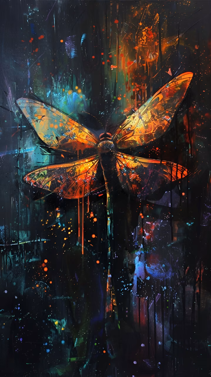 Neon Dragonfly Abstract Painting, Dark Splatter Art - Free Mobile AMOLED Wallpaper Background