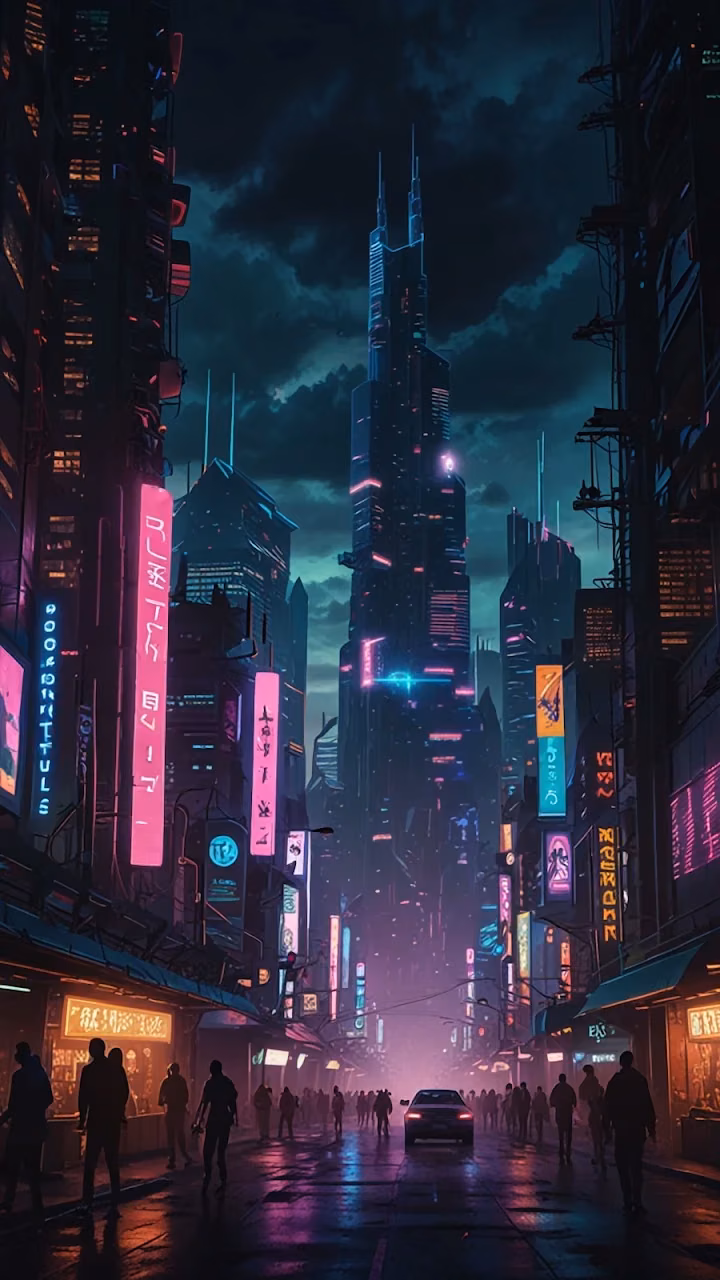 Neon-Drenched Cyberpunk Street with Towering Skyscraper - Free Mobile AMOLED Wallpaper Background