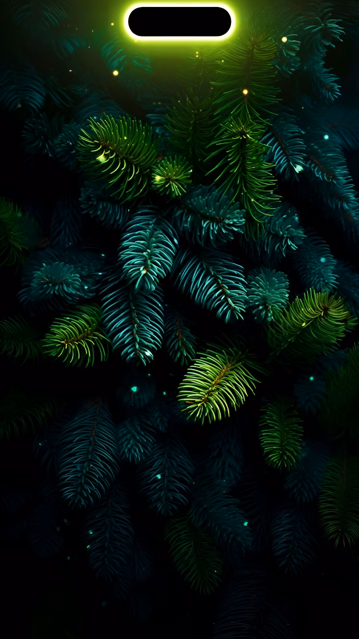 Neon Dynamic Island Glow Dark Pine Tree Branches - Free Mobile AMOLED Wallpaper Background