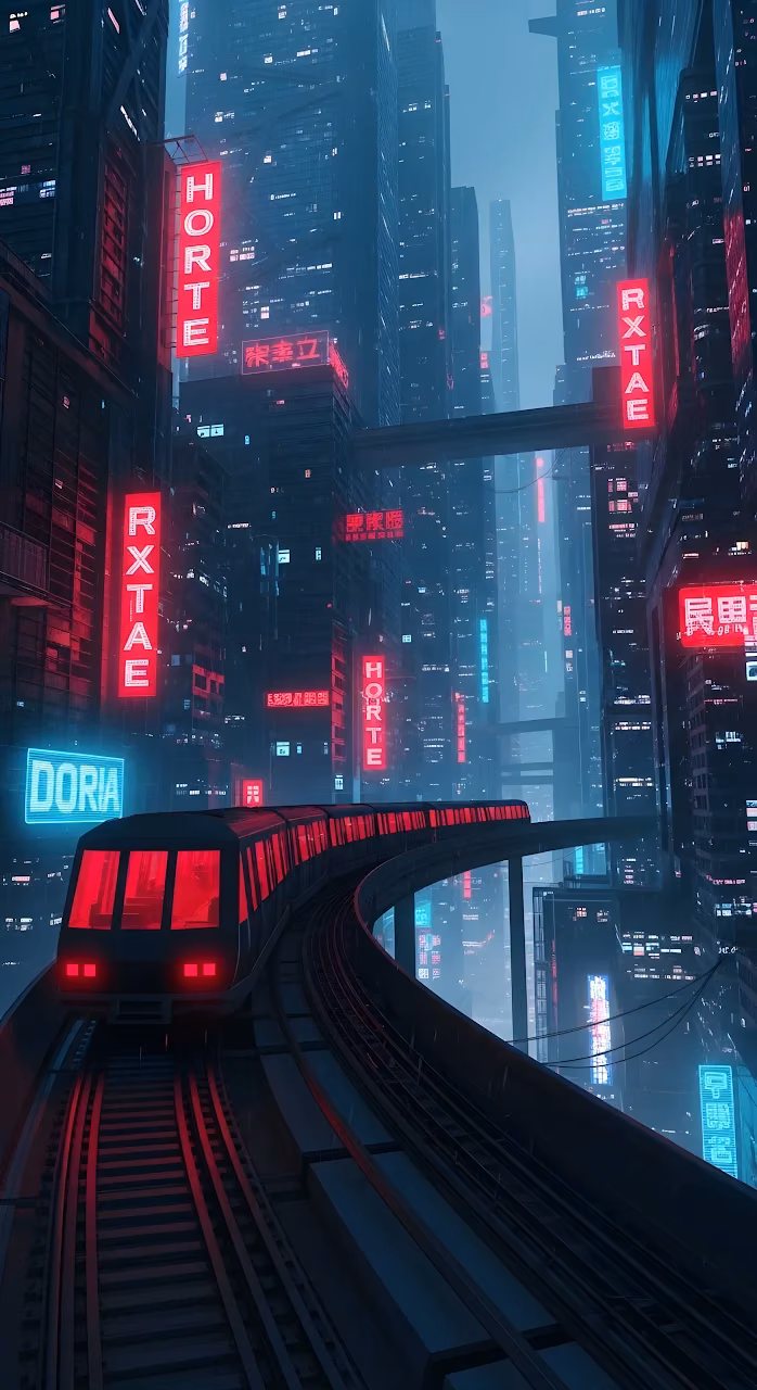 Neon Elevated Train in Dystopian Cyberpunk City - Free Mobile AMOLED Wallpaper Background